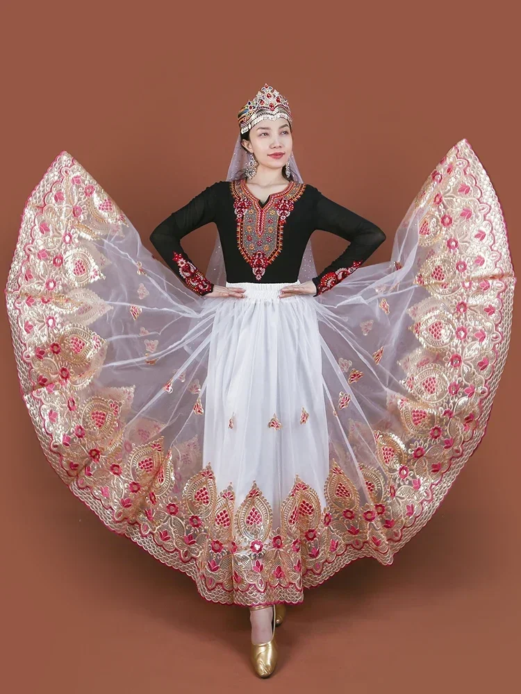 Xinjiang dance performance costume features mesh embroidery heavy industry skirt 720 big pendulum Uighur dance skirt 1 piece