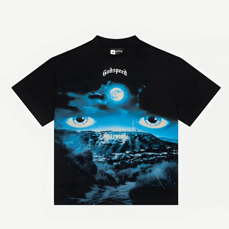 25SS GOD SPEED Tee Eye Moon Print Summer High Quality Cotton Men's Women's Casual Loose Short Sleeve T-shirt