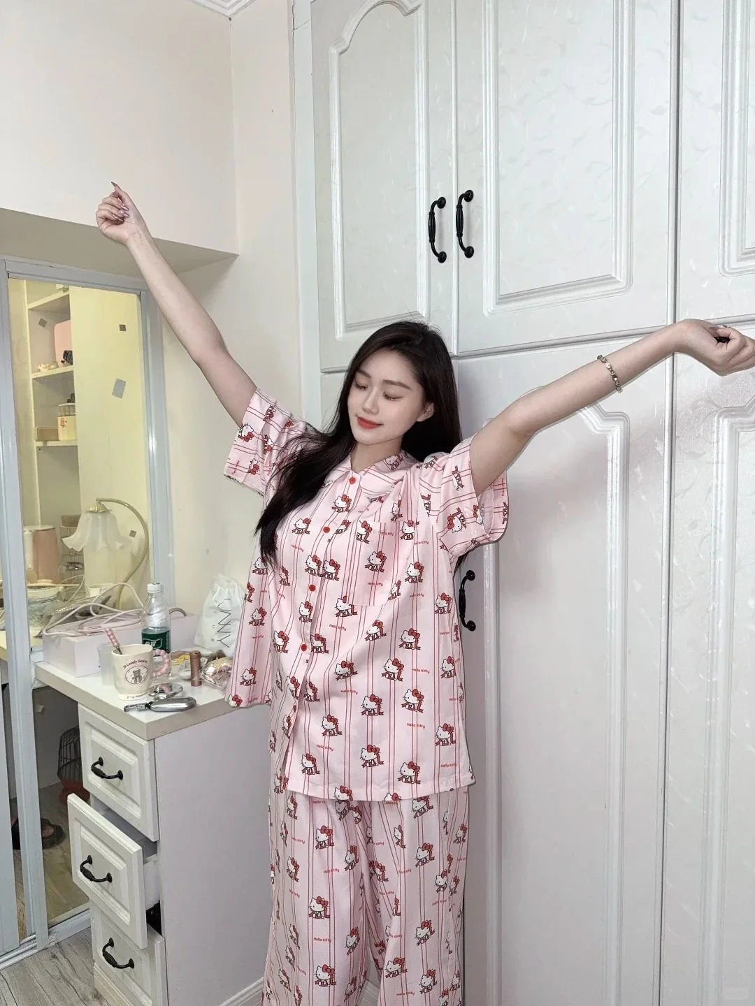 

Women's Short-Sleeved Trousers Pajama Set Women's Summer New Korean Lapel Cardigan Short-Sleeved Home Wear Girl's Two-Piece Set