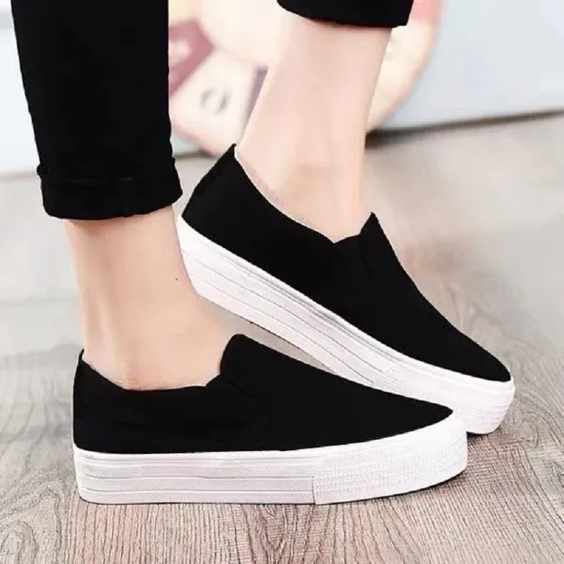 Sapatos Femininas Women Cute High Quality White Platform Canvas Shoes Lady Casual Black Spring & Summer Slip on Flat Shoes A142