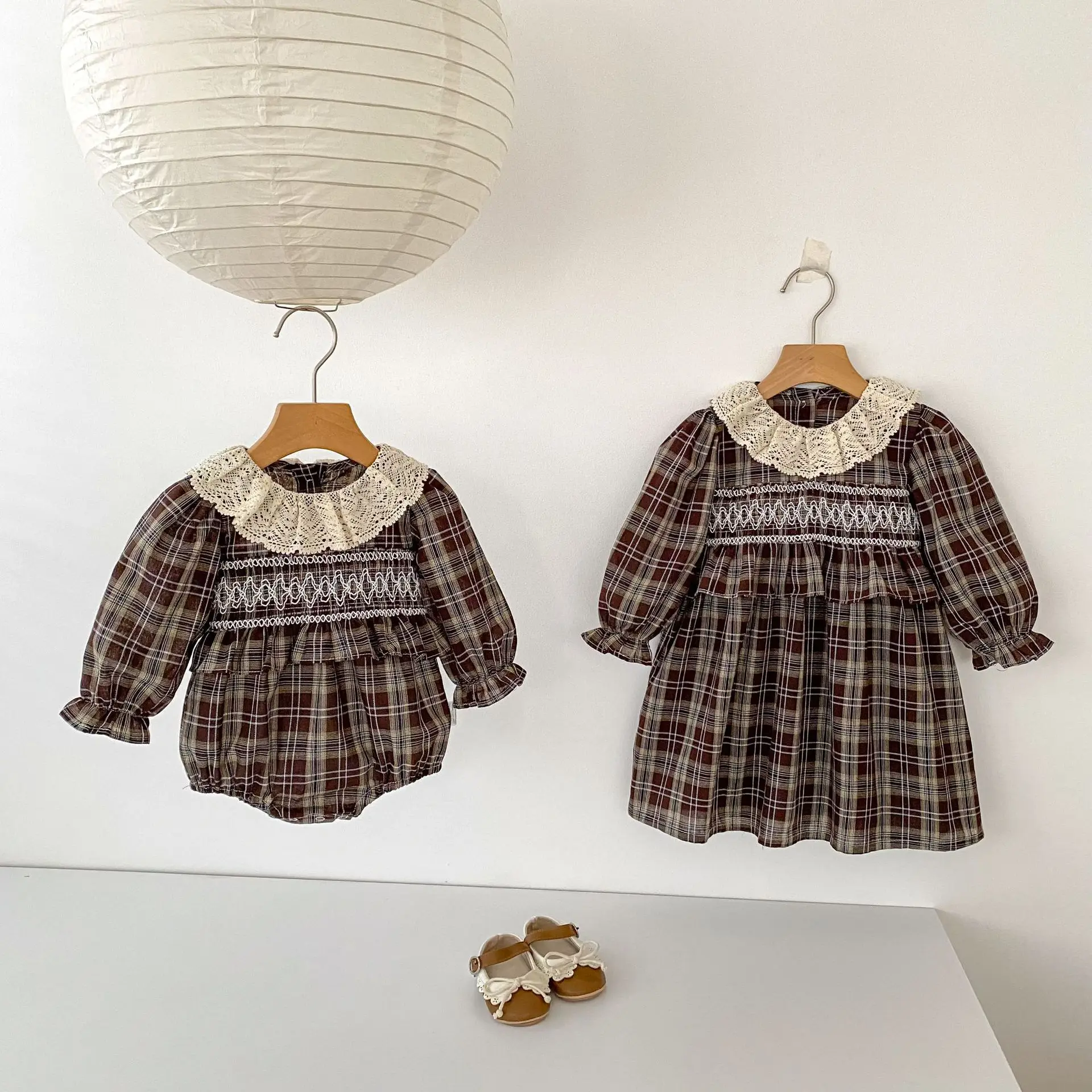 2026-nordic-plaid-girls'-dress-with-lace-trim-bubble-long-sleeves-smocked-bodice-and-matching-romper-for-siblings