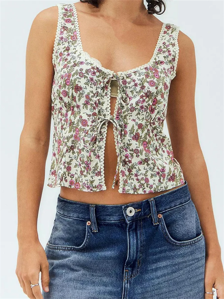 CHlearSTYLE-Camisole en dentelle à imprimé floral pour femme, col en Y en fibre de V, court devant, patchwork, rétro, été, 2024