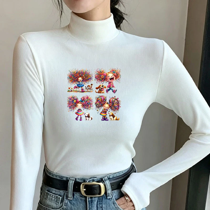 Winter Women's Thermal Brushed Fleece Half Mock Neck Long Sleeve T Shirt Rainbow Hair Girls Dogs Walking Graphic Warm Tee