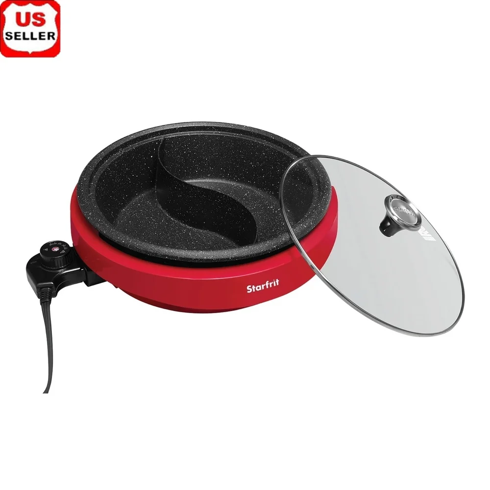 Dual-Sided Electric Hot Pot 3.2 Quart Nonstick Cooking Pot with Tempered Glass Lid Adjustable Temperature Control Easy to Clean