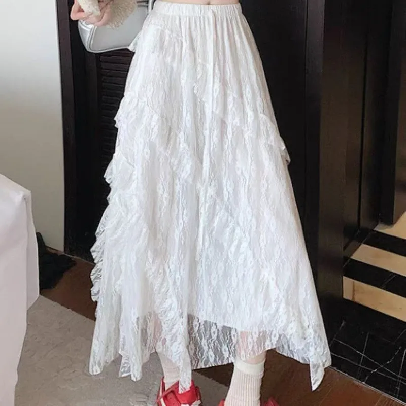 French Romantic Soft Cream Lace Skirt High Waist Asymmetrical Ruffle Layered Midi Skirt Elegant Countryside Mori Girl Fairy Wear