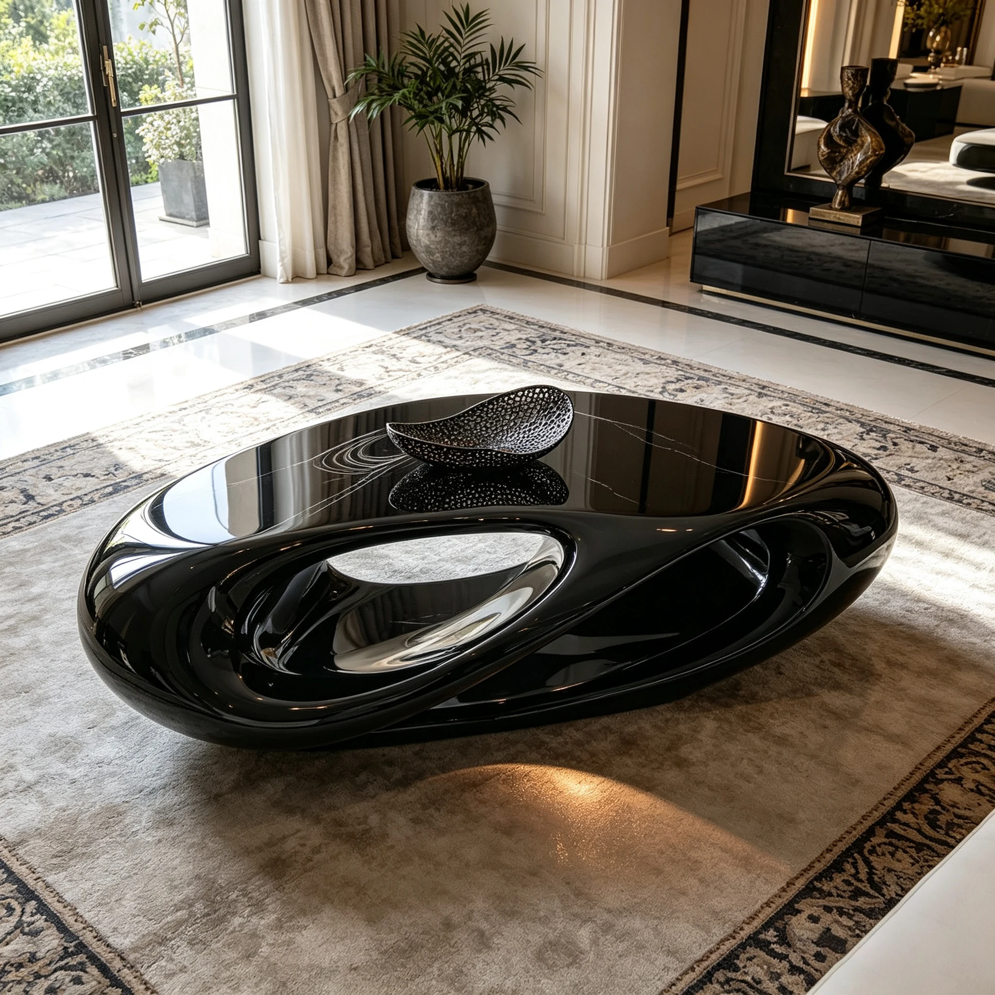 G*-Oval Irregular Hollow Fiberglass Coffee Table Glossy Black Sculptural Form for Contemporary Home Interior