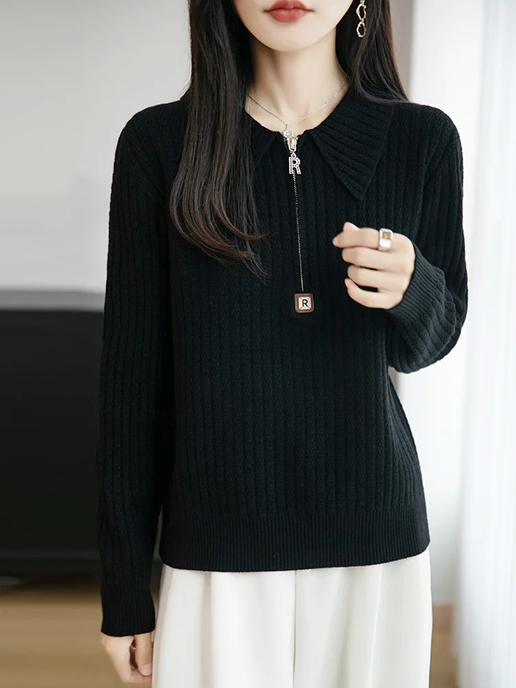 

Ele Doll Collar Knitted Sweater Women's Versatile Long Sve Casual Lazy Sle f Zipper Collar Sweater Coat