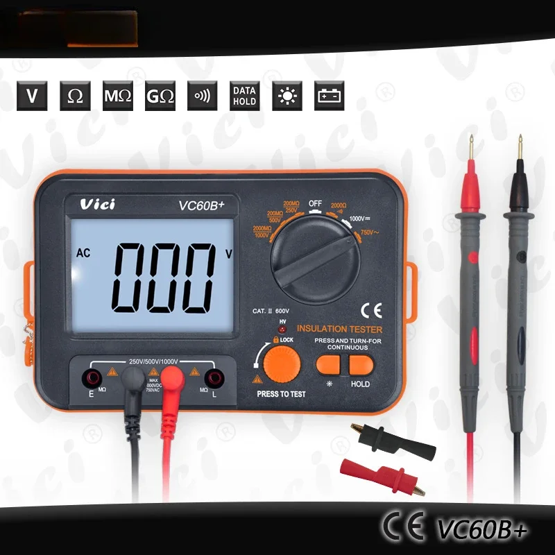 testador de resistencia de isolamento digital alarme de entrada de curto circuito alta tensao dc ac 2000m ohm 60b mais 1000v teste vc60b 01