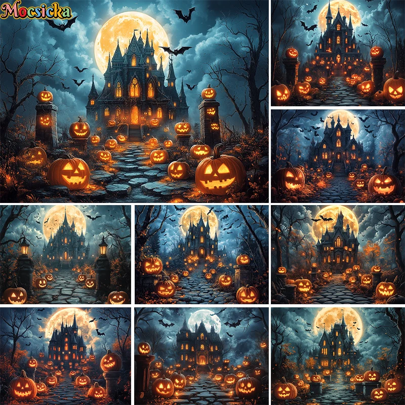 Mocsicka Fall Halloween Backdrop Photography Spooky Castle Moon Pumpkin Decor Cake Smash Kids Portrait Photo Background Studio