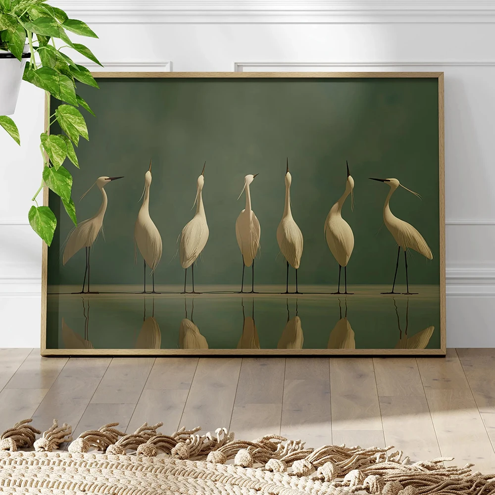 Elegant Egrets Wall Art Poster or Canvas Print, Cream Birds on Dusty Sage Green Artwork, Minimalist Nature Print, Graceful Heron