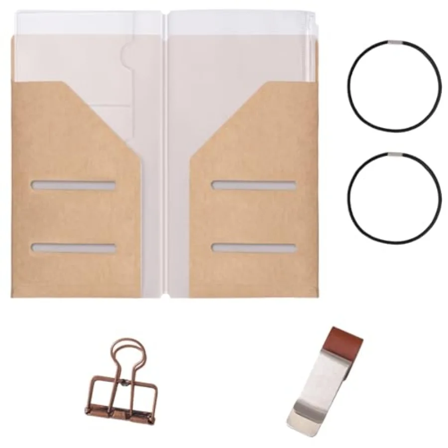 

Passport Size Travelers Notebook Accessories Kit - All-in-One Set with Kraft Folder, PVC Zipper Case, Pen Holder, Binder Clip a