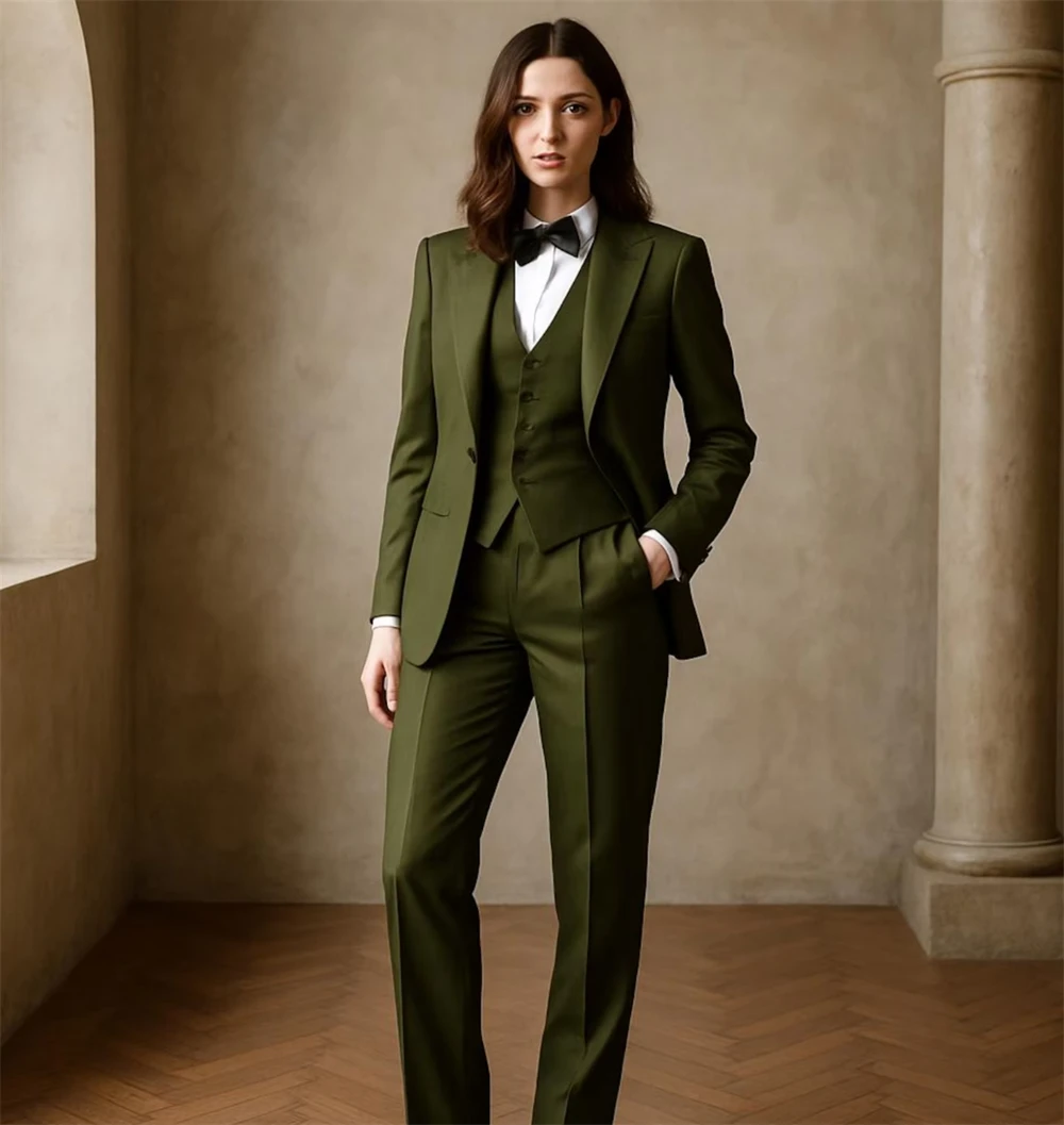 Olive Green Women's Suits 3 Piece Pant Suit Custom Tailored Suit Ladies Tuxedo Suit Bridesmaid Suit (Jacket+Vest+Pants)