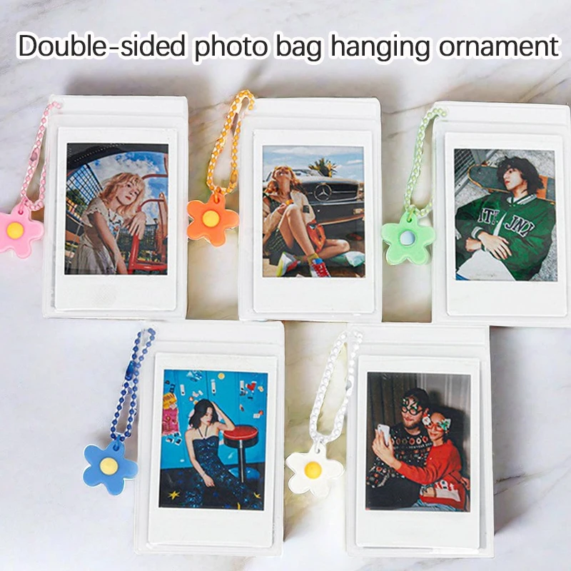 3inch PVC transparent photo bag, children's growth commemorative photo storage bag, suitable for Polaroid Mini 12/11/Evo/40/7+/25/90/99/SE/Link2/3 instant photos, suitable for Fuji Instax mini film photo bag, creative colorful small flower bead chain keychain