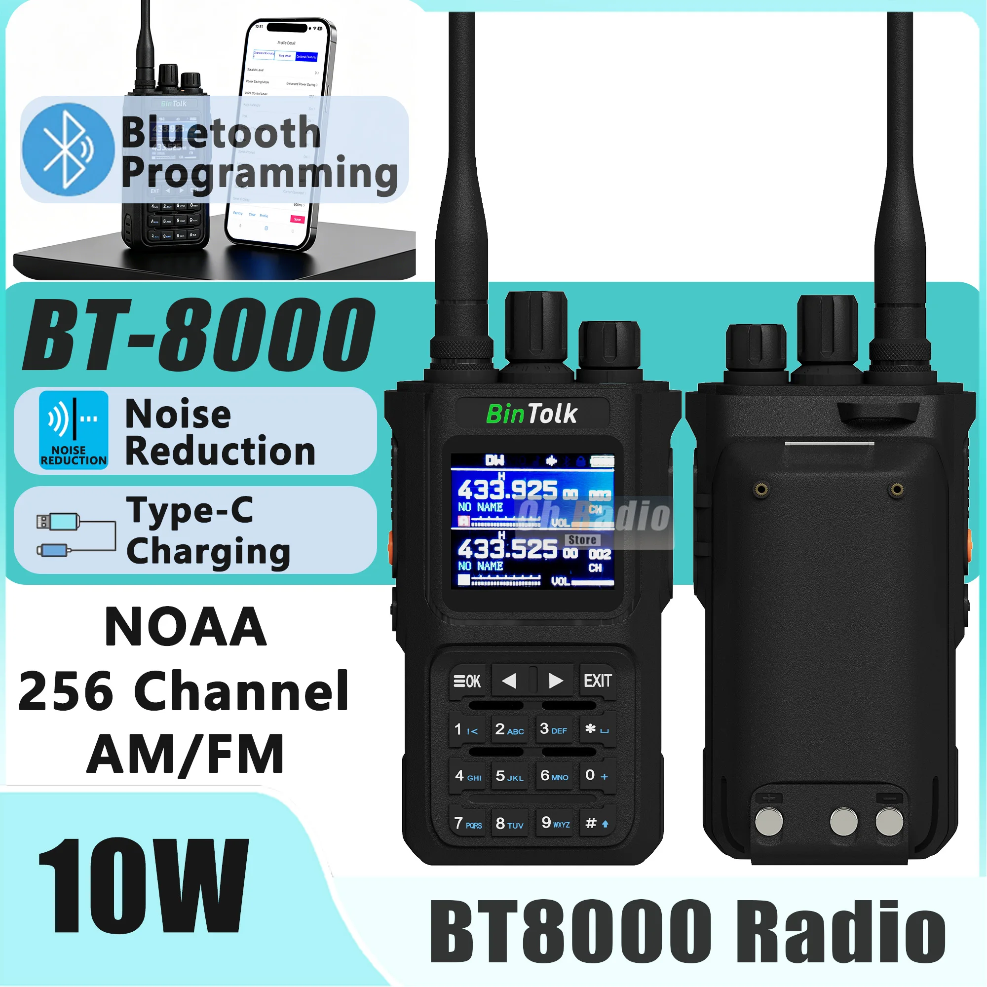 BinTolk BT8000 10W Walkie Talkie Bluetooth Programming  Noise Reduction NOAA AM FM Type-C Charge High Capacity BT-8000 Ham Radio