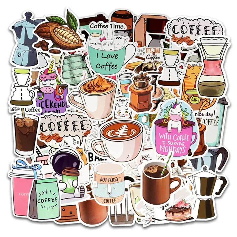 50 Pieces Coffee  Stickers Coffee Waterproof Vinyl Water Bottle Stickers Pack for Laptop Notebook Guitar Phone Luggage