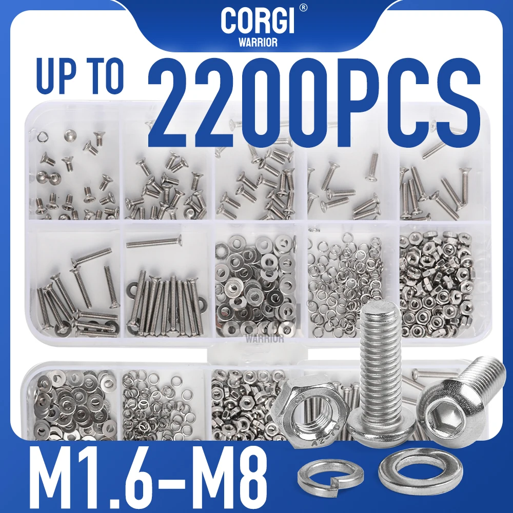 M1.6 M2 M2.5 M3 M4 M5 M6 M8 Up to 2200 Button Head Hex Socket Cap Metric Screws Assortment Kit 304 Stainless Steel Nuts Washers