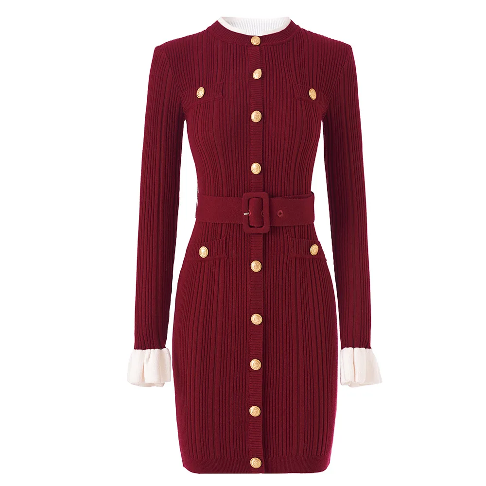 Vestidos cortos de punto liso con cinturón de una sola botonadura y cuello redondo para mujer, Vestidos elegantes de otoño 2025, Vestidos de fiesta de manga larga coreanos Chic