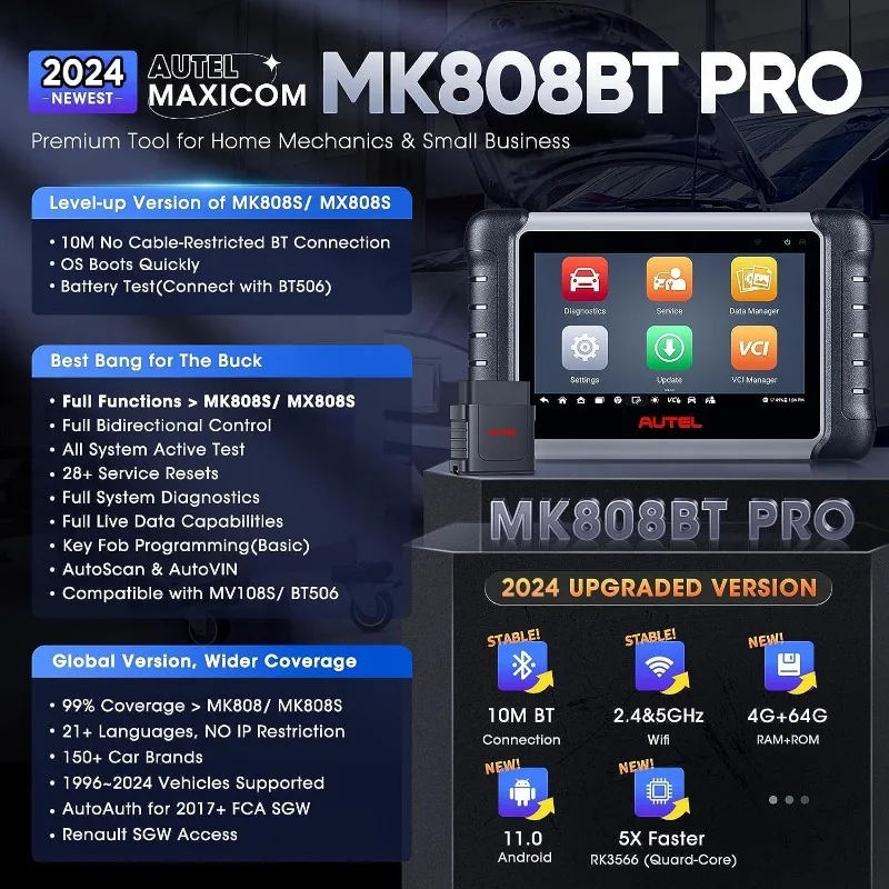 Maxicom Mk808bt Pro-Scanner: 2024 Volledig Bidirectionele Gereedschapsniveau-Up Van Mk 808S Mx 808S Mk808z Mk808, Os 11, 4G + 64G