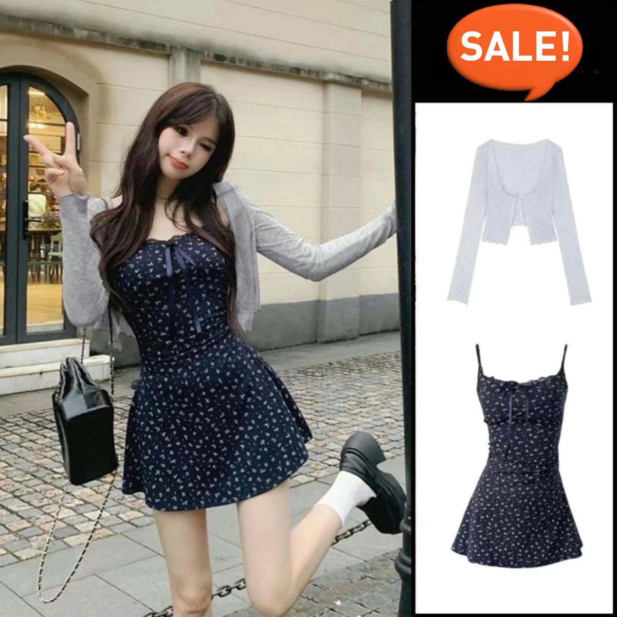 

Женский кокетливый вязаный кардиган с цветными блоками и платье-бретелька с цветочным принтом, комплект ранней осени, милое свежее короткое платье трапециевидной формы