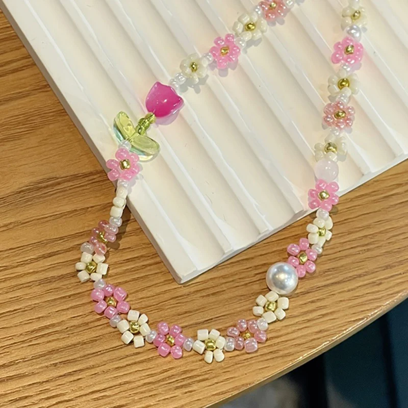Korean Cute Pink Green Flower Beaded Phone Charms Chain For Phone Accessories Phone Strap Anti-Lost Sweet Lanyard Hanging Rope
