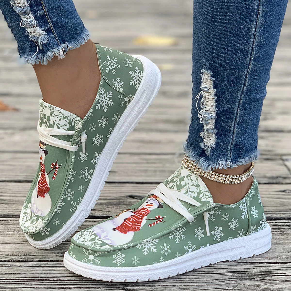 

Spring and Autumn Women's Casual Fashion Print Decorative Flat Shoes Christmas Snowman Pattern Outdoor Non-slip Low-top Shoes