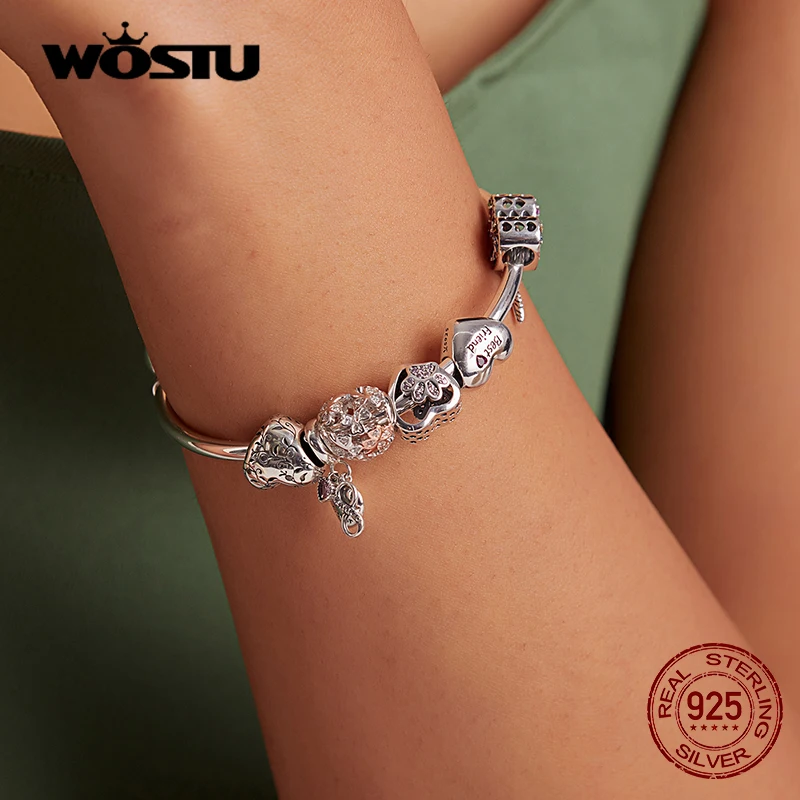 WOSTU 100% 925 Sterling Silver Heart Vintage Charms Beads Fit Original DIY Bracelets Necklace Mother\'s Day Jewelry Gifts for Mom