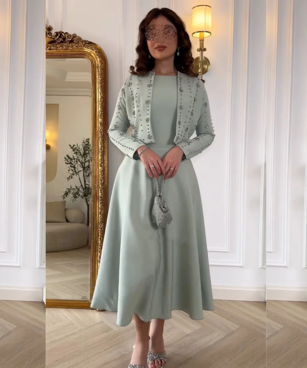 

Customized Sparkle Jersey Pleat Sequined A-line O-Neck Midi Evening Dresses Luxury 2025 Modern Style