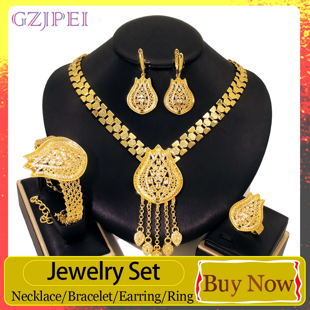 GZJPEI Dubai Gold Farbe Hohl Schmuck Set Glänzend Weiß Zirkon Quaste Halskette Armband Ohrring Ring 4 Teile/satz Hochzeit Schmuck
