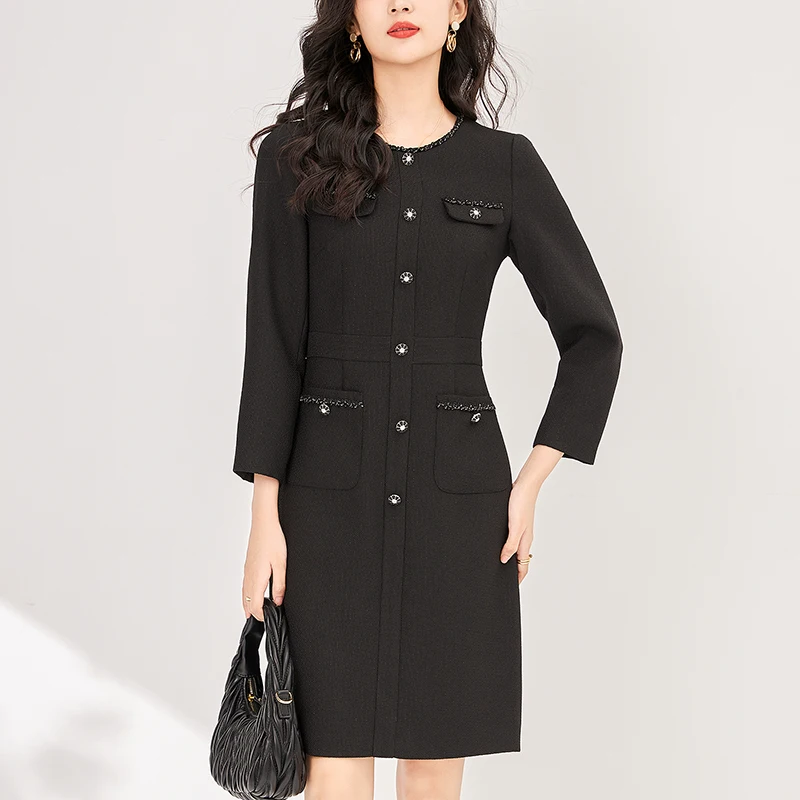 

Vintage Tweed Dresses For Women Autumn Winter Elegant Fashion Long Sleeve Black Dress Slim Office Lady Solid Dress French Style