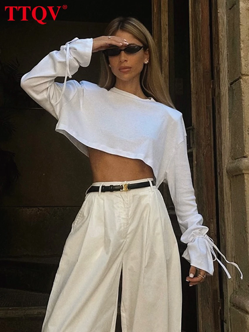 

TTQV Fashion Loose White Cotton Women's Shirt Casual O-Neck Long Sleeve Lady Shirt Elegant Classic Crop Top Female Clothing