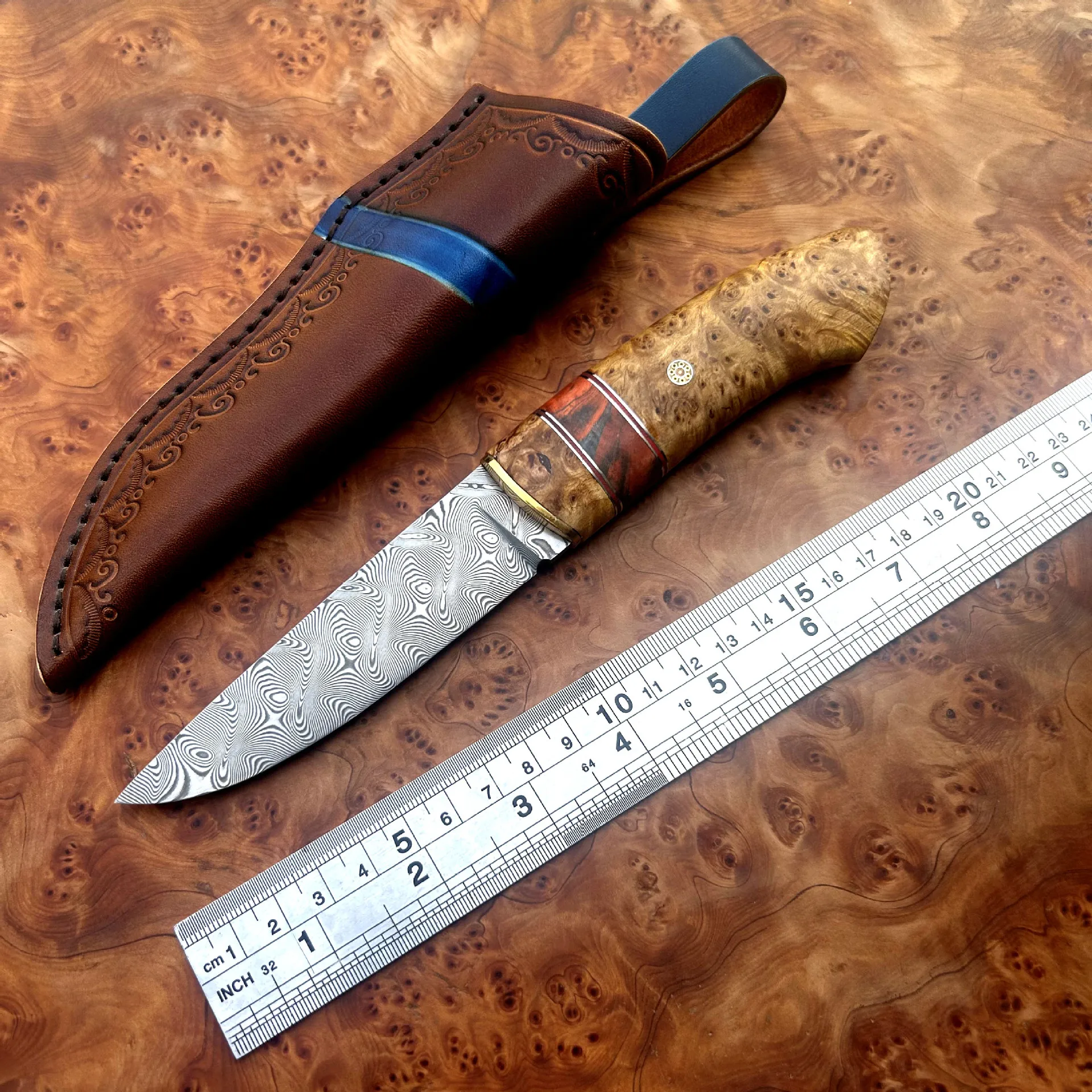 RHON 3.85inch Damascus Steel Fixed Blade Knife Razor Sharp Outdoor Survial Hunting Camping Straight Knives with Wooden Handle
