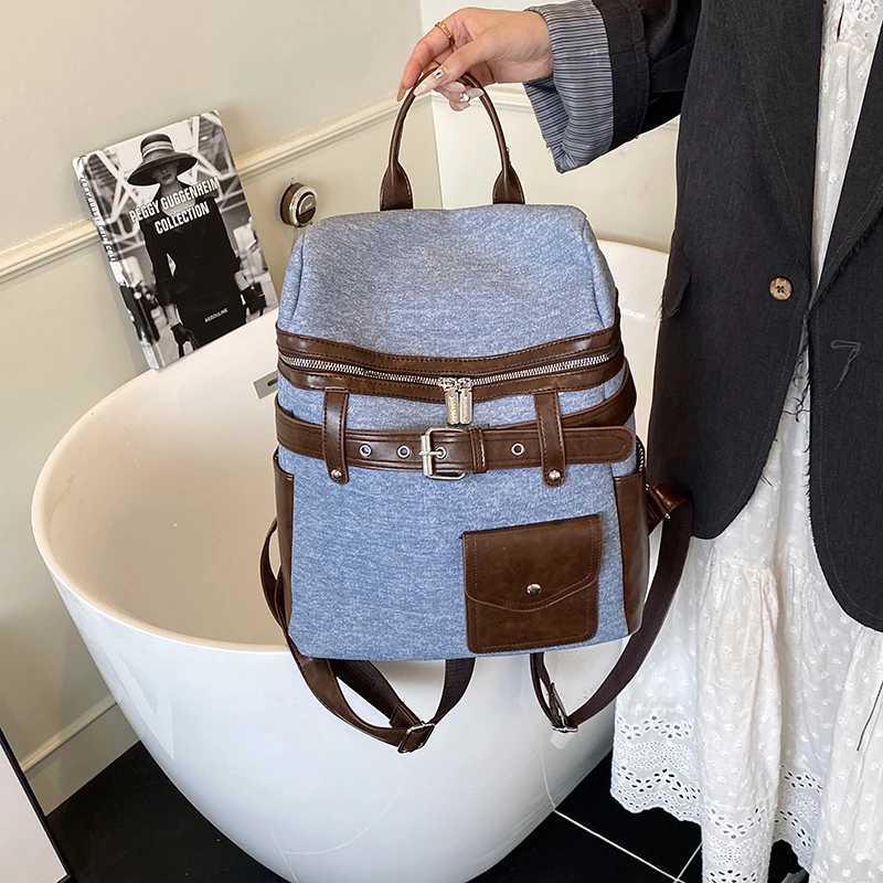 

Fashion Creative Denim PU Sweet Matching Backpacks Hot Sale Large Capacity Sense of Luxury Personality School Bags for Women