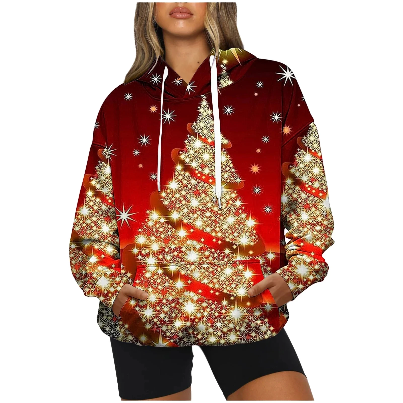 New Christmas Tree Hoodies Snowflake 3D Print Women Fashion Long Sleeve Hooded Sweatshirts Streetwear Pullovers Female Clothing