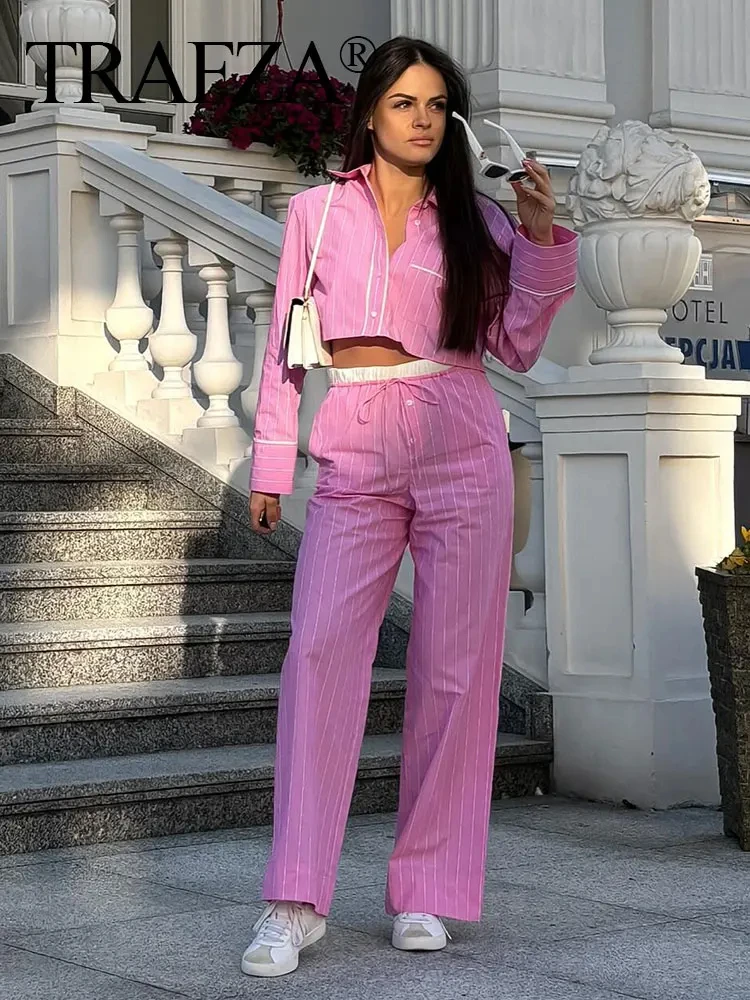 TRAFZA 2024 Female Street Fashion Pink Stripe Pant Suit Long Sleeves Lapel Cropped Blouse+Drawstring Patchwork Wide Leg Pants