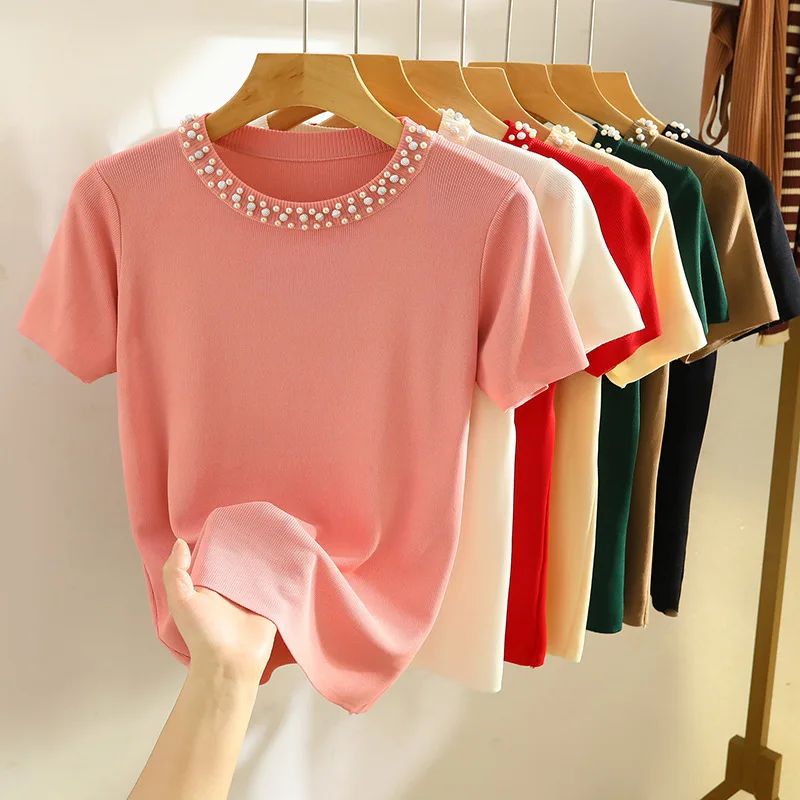 1pcs Summer Women Bead Ice Silk Knit T-Shirt Lady Short-Sleeve Round-Neck tShirt Female Pullover Tee Girl Fashion Commuting Tops