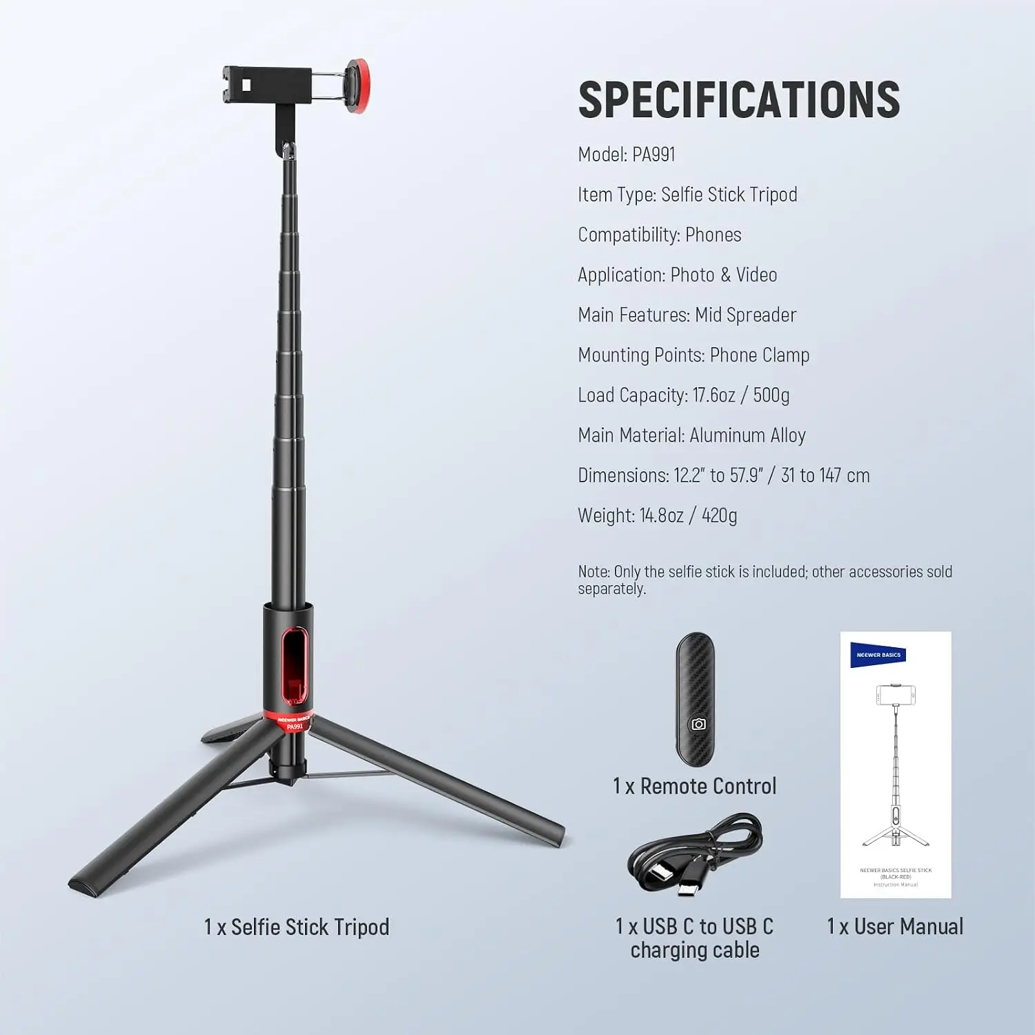 NEEWER Basics PA991 Selfie Stick Tripod For iPhone  Android, 57.9 Inch Metal Portable Lightweight Travel Mobile Phone Stand