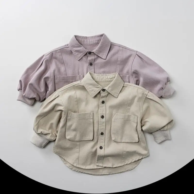 

2025 Autumn New Children Long Sleeve Shirts Cotton Baby Girls Solid Lapel Cardigan Boys Casual Shirts Coat Loose Kids Clothes