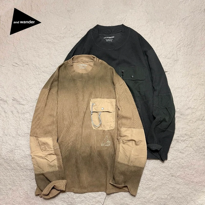 And Wander Roa Gradient Waffle Long Sleeve T Shirt Carabiner Outdoor Hiking Base Layer Top Techwear Pullover For Men Unisex