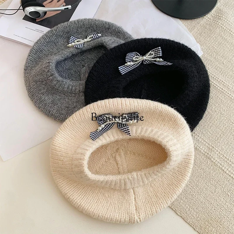 Bow gray beret women autumn and winter warm knitted plush buds