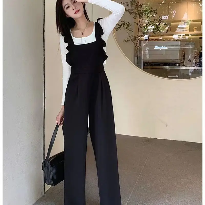 Thin Solid Black Lacing Loose Casual Office Lady Simplicity Women's Clothing Straight Wide Leg Pants Two-piece Suit Jumpsuits