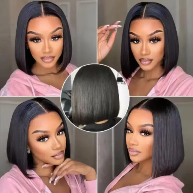 Short Bob Wigs Straight Glueless Wig Ready To Wear Human Hair Wigs Pre Cut 4x4 Elastic Drawstring Upgraded No Glue Lace Air Wig image 6