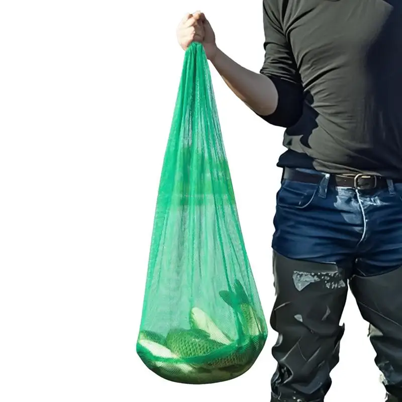 Tragbare Fisch-Aufbewahrungstasche aus Nylon mit Kordelzug, Fischernetz-Beutel, Kapazität, Angelzubehör für den Außenbereich, breit und lang