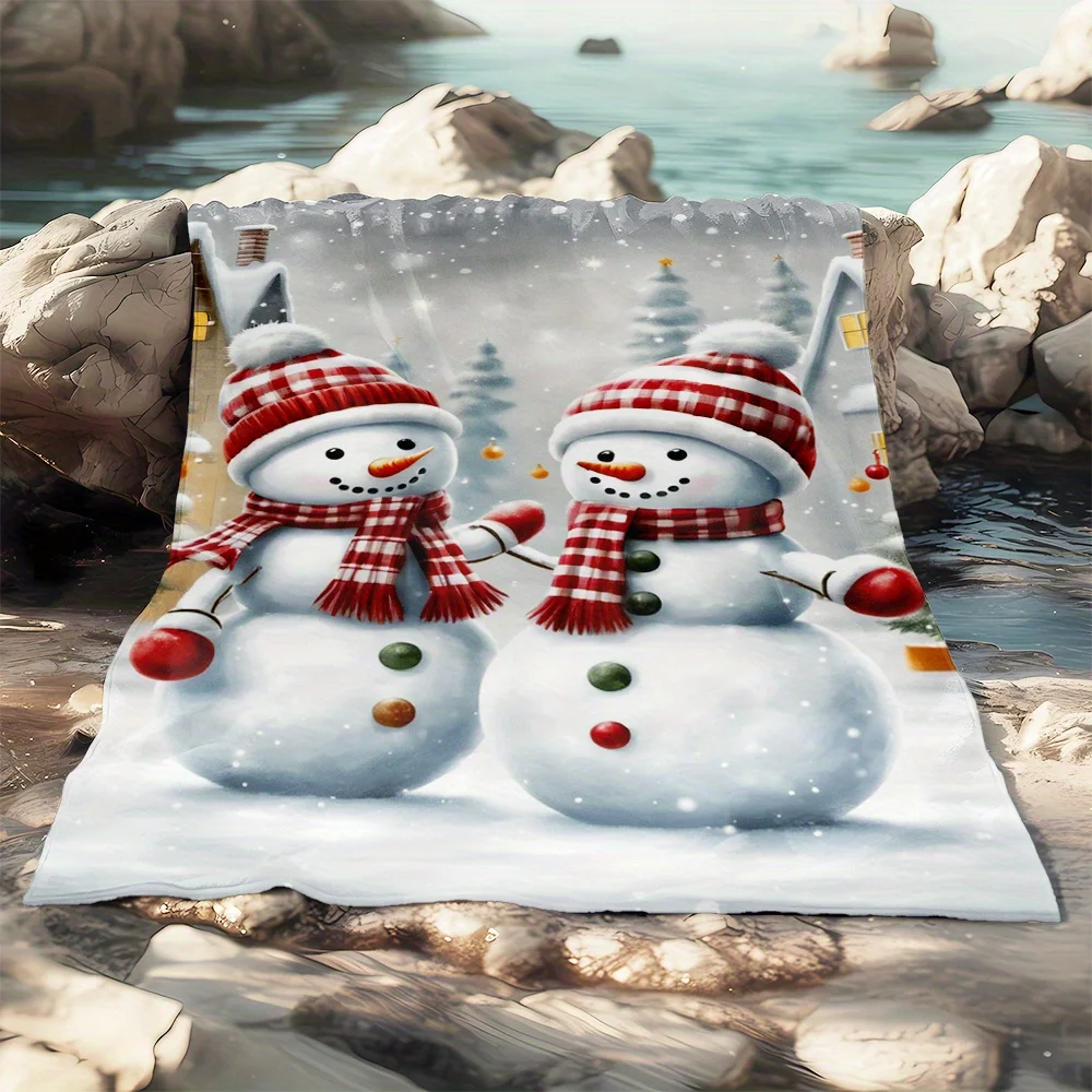 1 шт. уютное фланелевое одеяло с рождественским снеговиком — легкий, всесезонный вязаный флис для дивана, кровати, путешествий — мягкий полиэстер