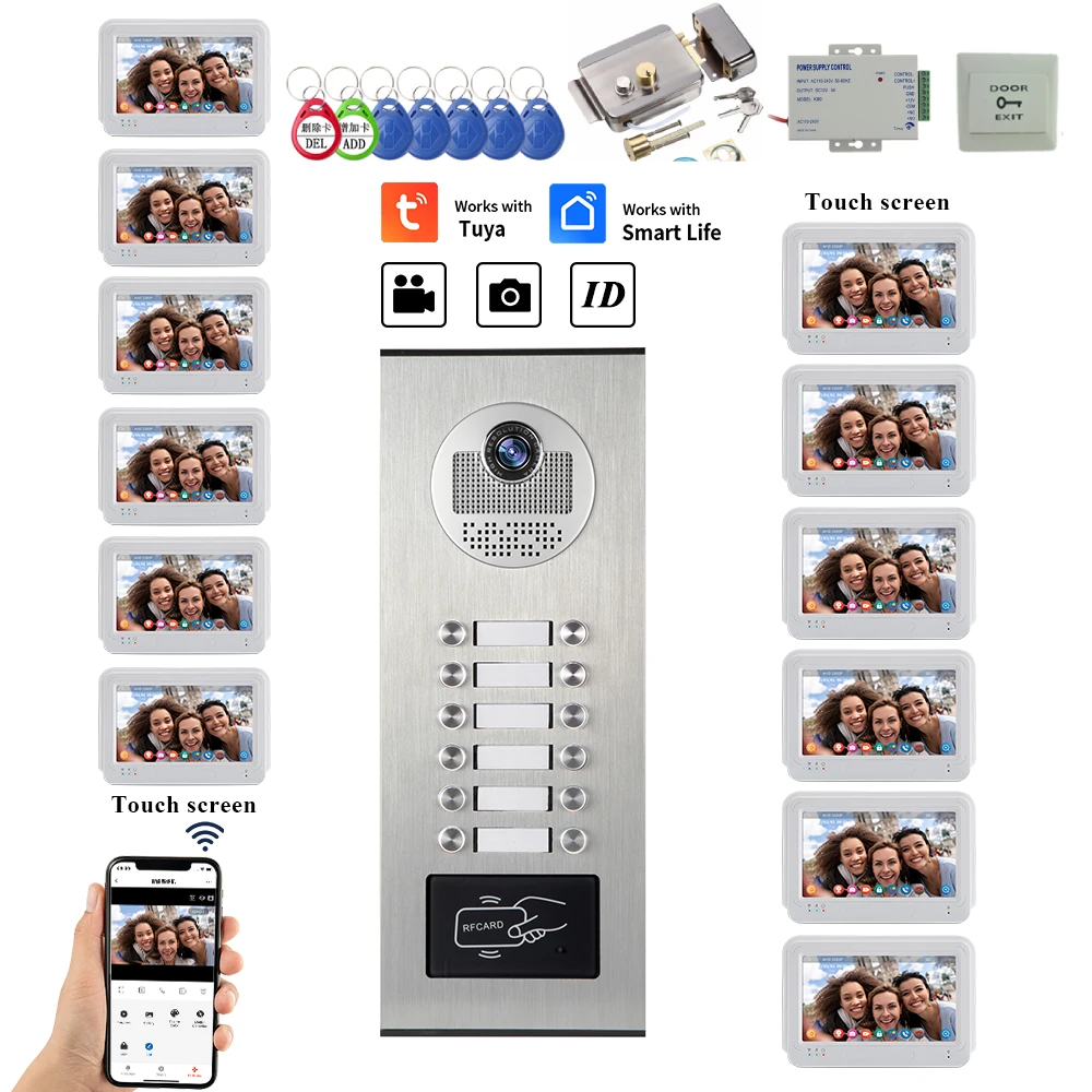 

1080P 7 Inch WiFi Video Intercom TUYA Smart Home APP Video Door Phone RFID Access Control System for 2~12 Villa Apartments