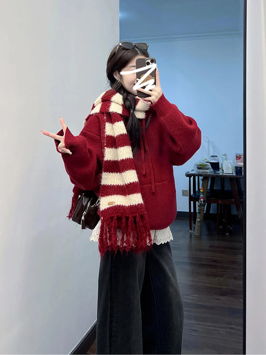 

Милый красный трикотаж с капюшоном, женская мода, Хэллоуин, майки, новогодняя одежда, корейский Sle, длинное волокно из полиэстера