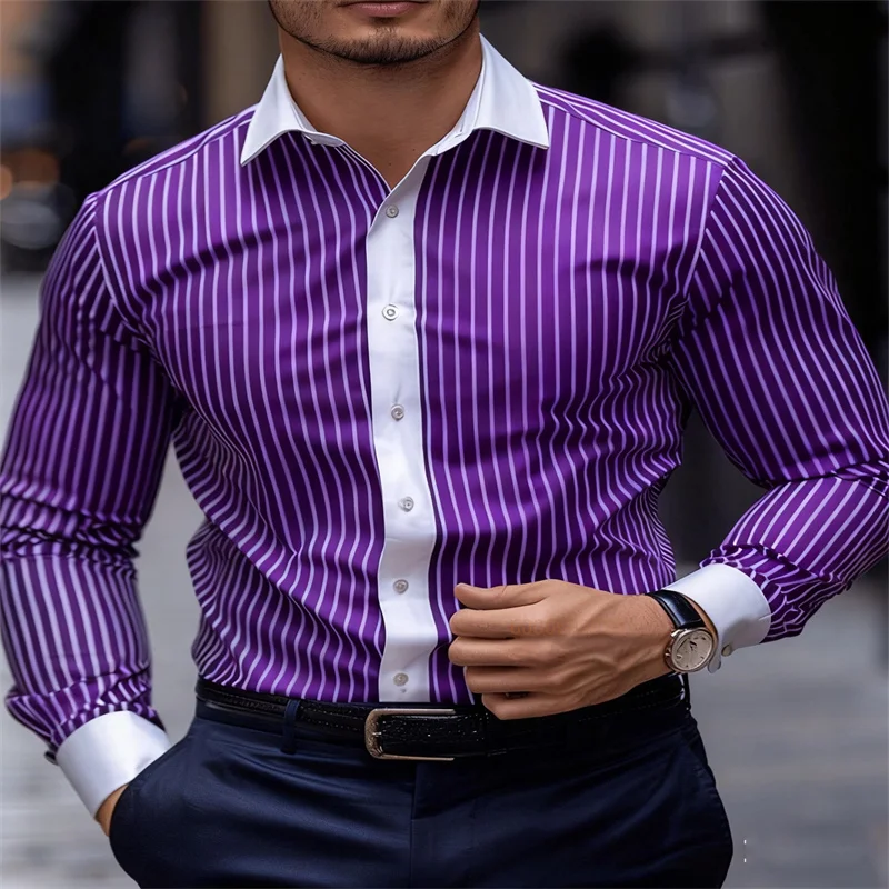 

Men's high-quality striped shirt, casual outdoor shirt, long-sleeved lapel button-down top, soft material, oversized size 6XL