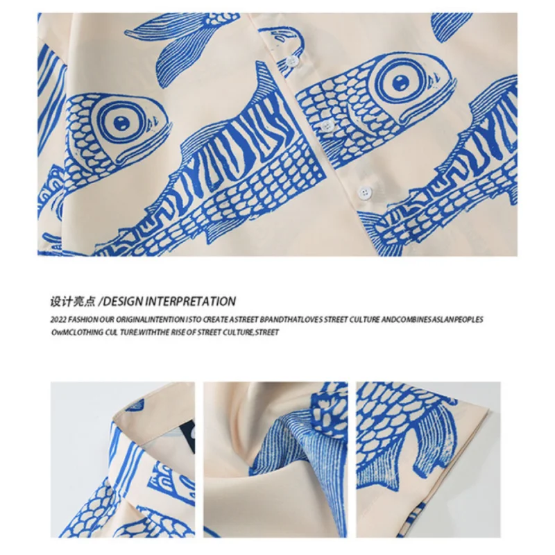 Short Sleeved Japanese Vintage Fish Full Print Shirt Men Women Hawaii Vacation Couple Floral Shirt