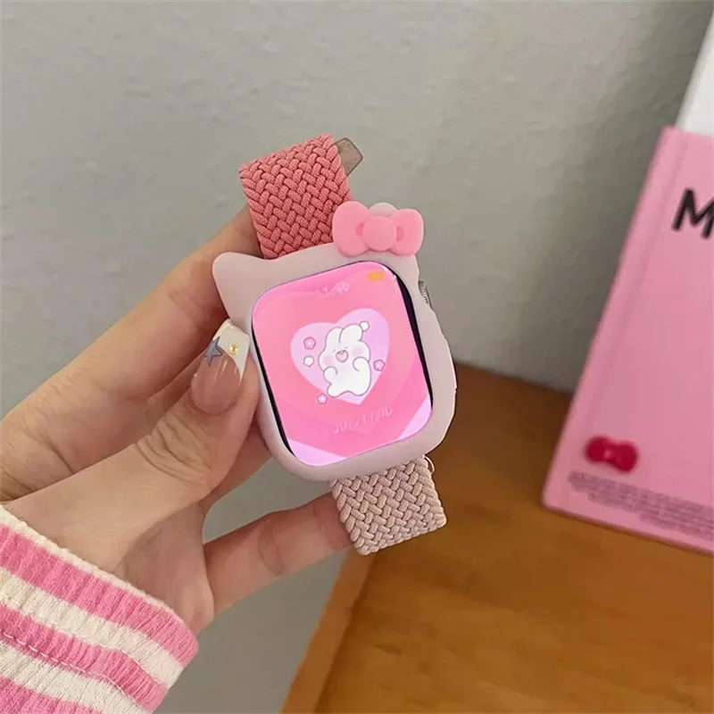 Cartoon Cute Cat Ears Case+Strap 49mm For Apple Watch 45mm 40 41mm 38 44mm Correa Men Women Nylon Band For iwatch 9 8 SE 7 6 5 4