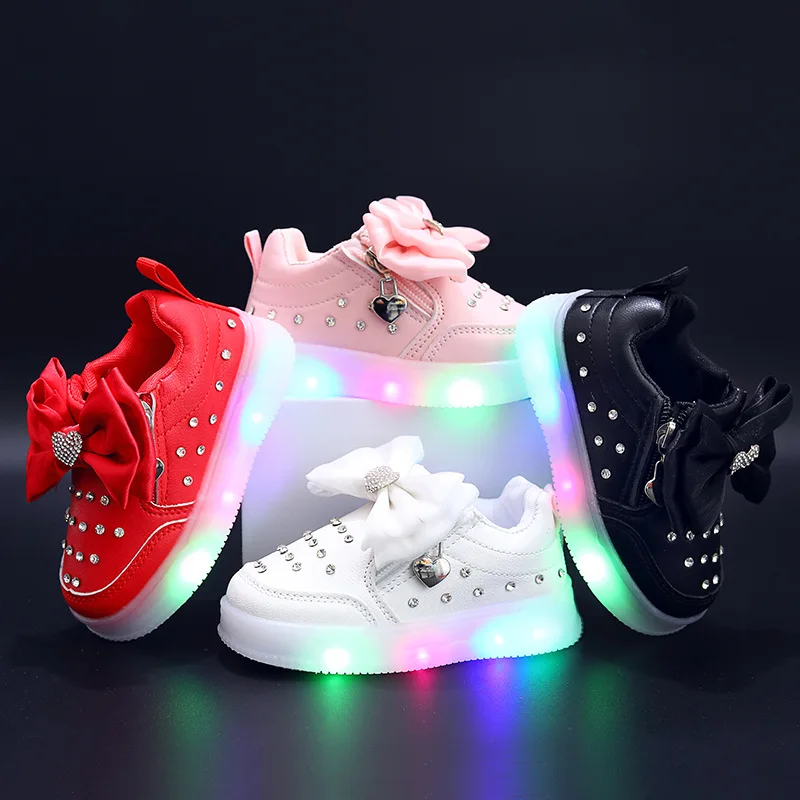 

LED Light Up Sneakers 2026 Spring Autumn - Breathable Bow Rhinestone, Princess Glowing Running Shoes for Toddlers 1-6Y