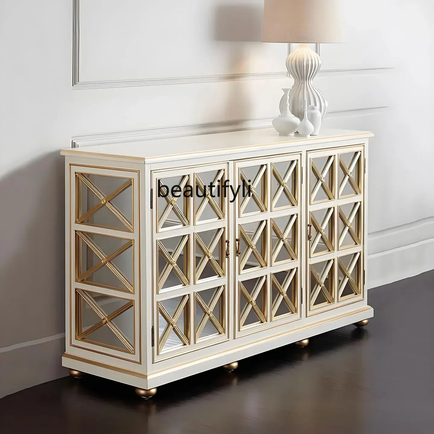 X  cqy Solid wood entrance cabinet modern light luxury living room multi-function storage glass decorative side cabinet